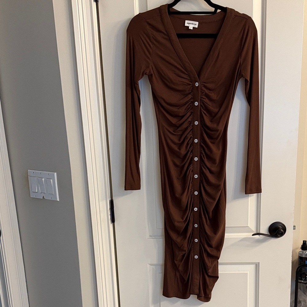Revolve Brown Long Sleeve Button-Down Dress